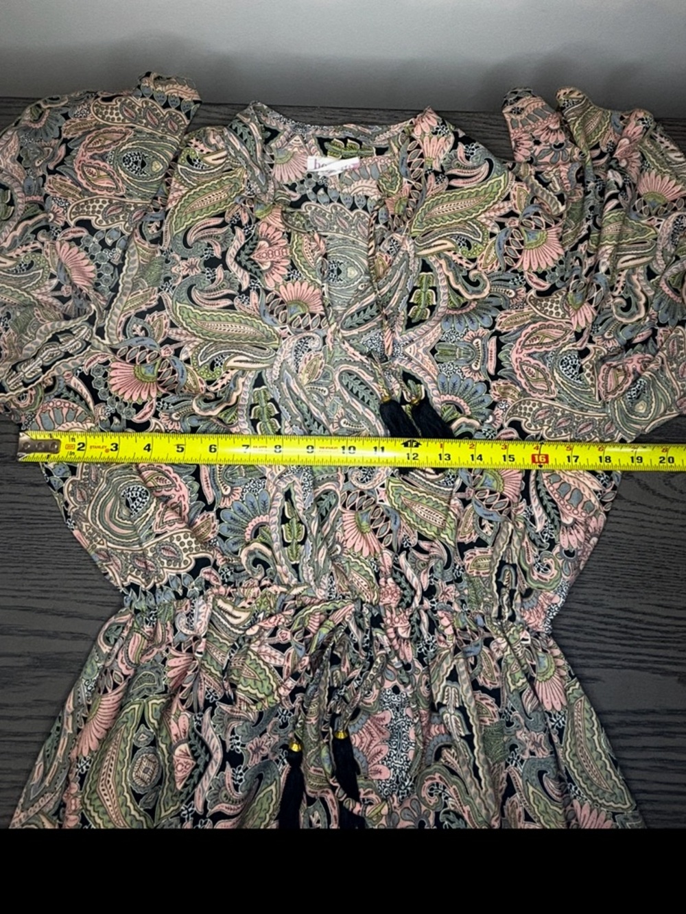 Boho Paisley Mini Dress Tassel Tie Anthropologie Style Flutter Sleeve M - Picture 5 of 6